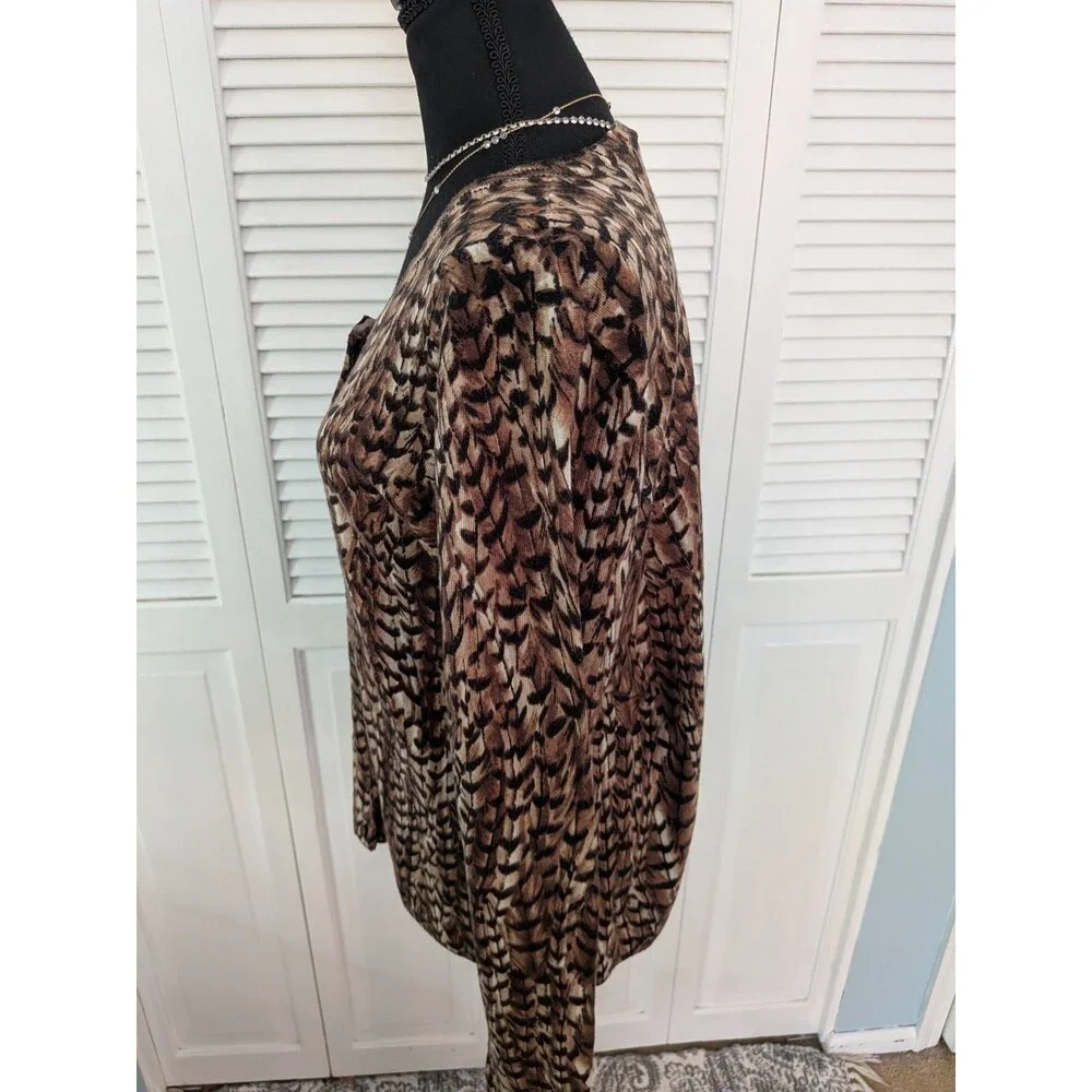 Talbots Pure Merino Wool Cardigan Sweater Womens XL Brown Feather Print Academia